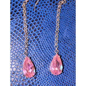 Marked EC 925 Sterling Silver Long Dangle Pink Teardrop Crystal Earrings